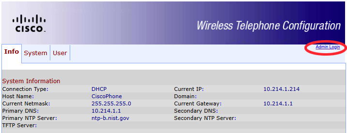 Screenshot of the top part of the Cisco WIP 310 web interface, with a red circle highlighting the 'Admin Login' link