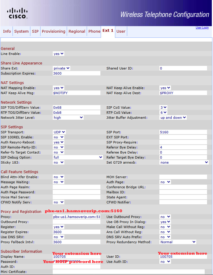 Part one of two of a screenshot of the Ext 1 tab in the Cisco WIP 310 web interface, with red wording placed to show where specific settings need to be populated