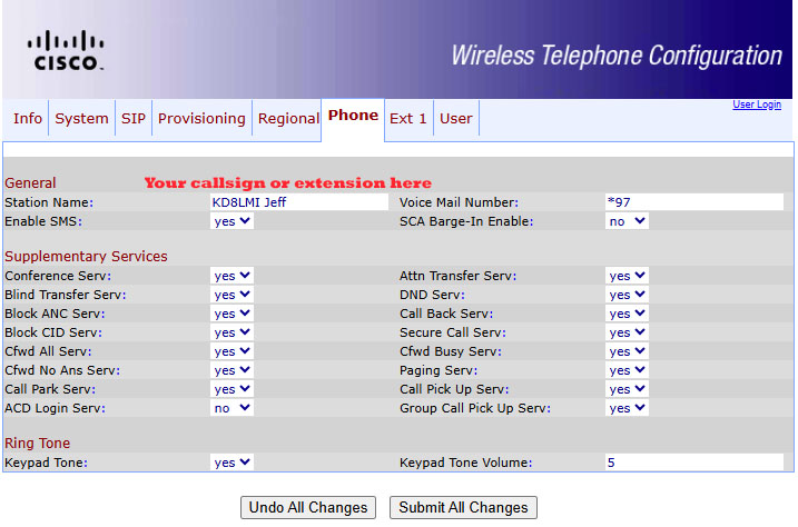 Screenshot of the Phone tab in the Cisco WIP 310 web interface, with red wording placed to show where specific settings need to be populated