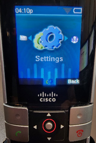 Picture of the Cisco WIP310 cordless phone with a circle highlighting the Select button, but also showing Settings on the screen