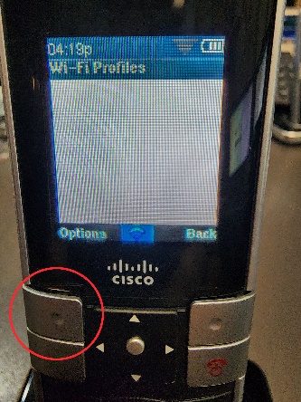 Picture of the Cisco WIP310 cordless phone with a circle highlighting the Options button