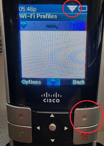 Picture of the Cisco WIP310 cordless phone with a circle highlighting the Back button, with another circle highlighting the Wi-Fi signal strength indicator