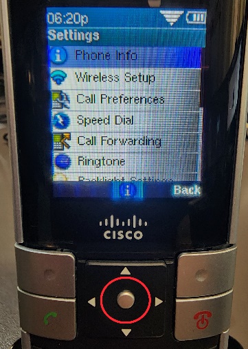 Picture of the Cisco WIP310 cordless phone with a circle highlighting the Select button, but also highlighting the menu item Phone Info