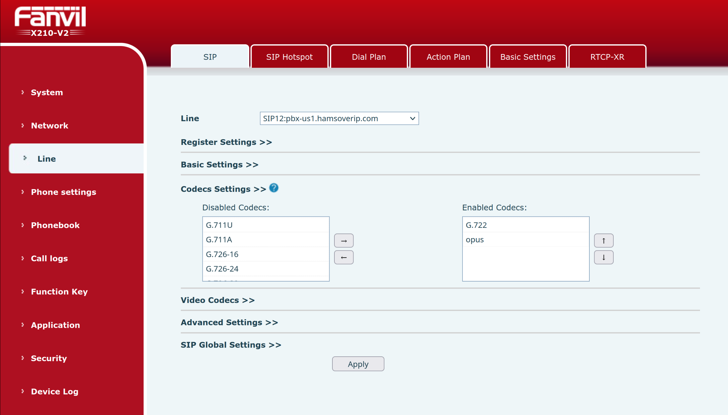 A screenshot of the Fanvil X210-V2 Codecs Settings screen