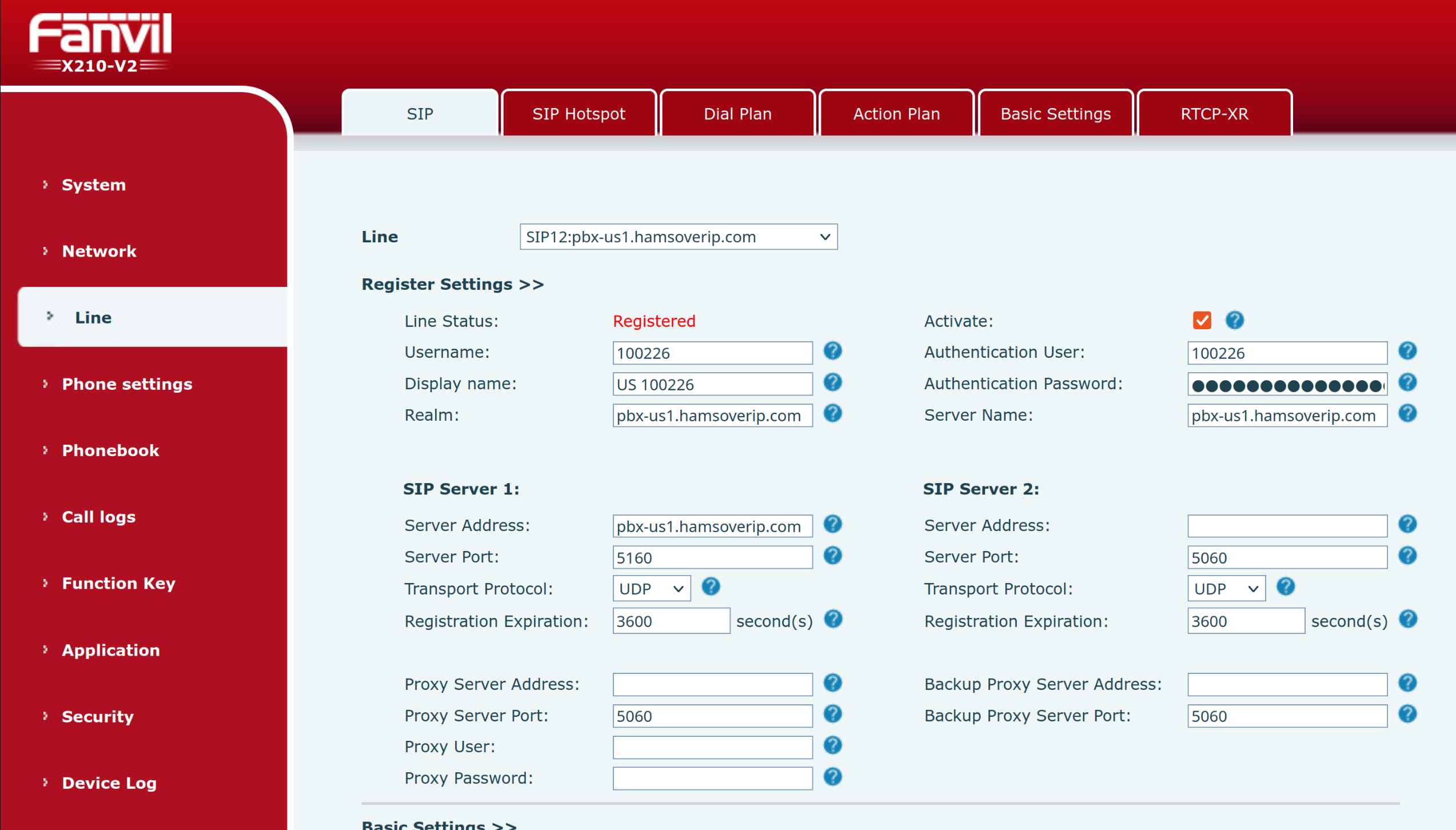 A screenshot of the Fanvil X210-V2 Register Settings screen