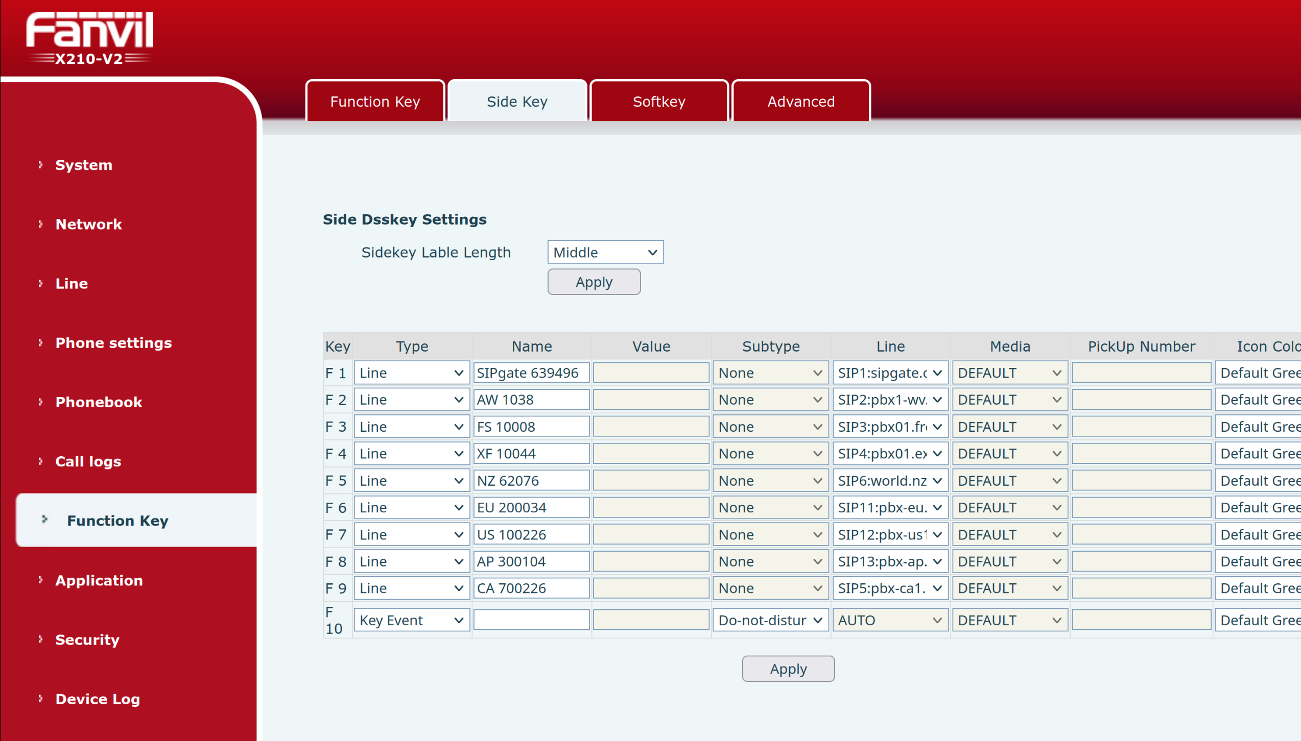 A screenshot of the Fanvil X210-V2 Side Key settings