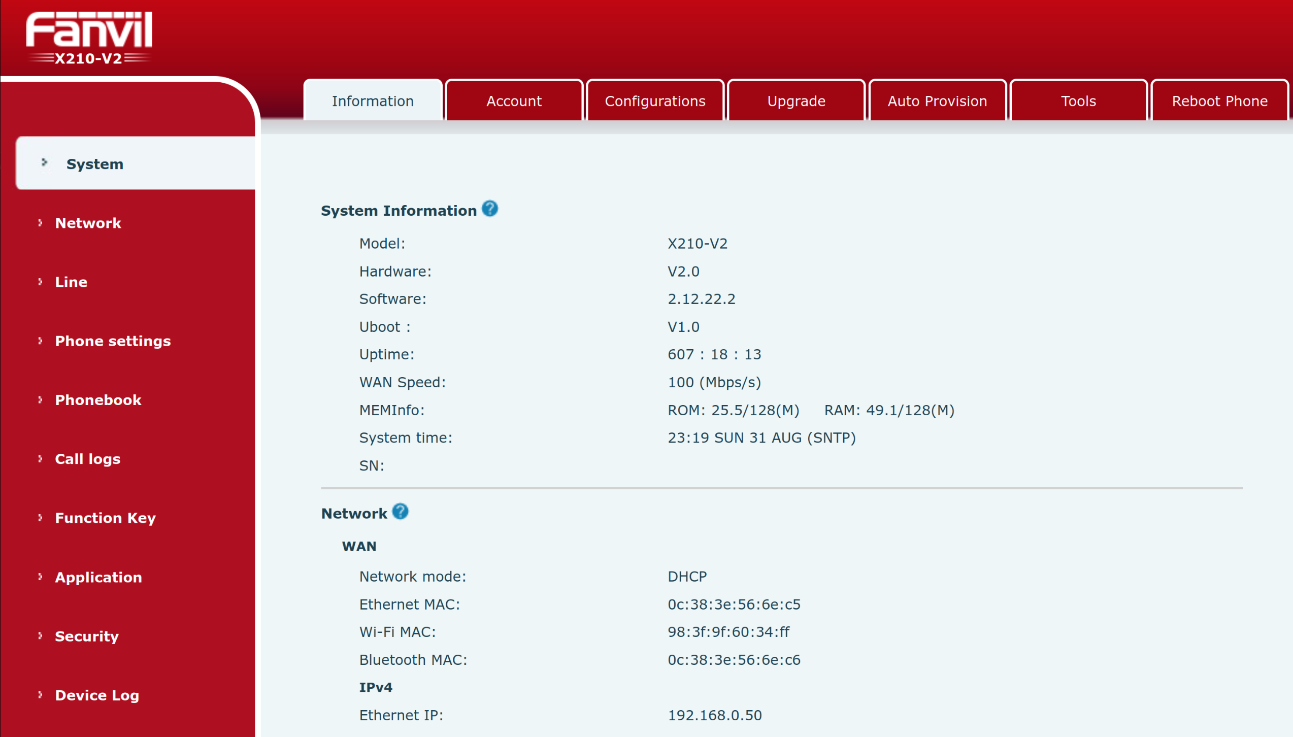 A screenshot of the Fanvil X210-V2 System Information screen