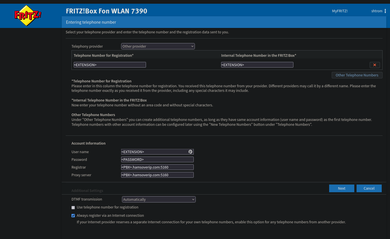 Screenshot of the FRITZ!Box admin page, setting up a HoIP account