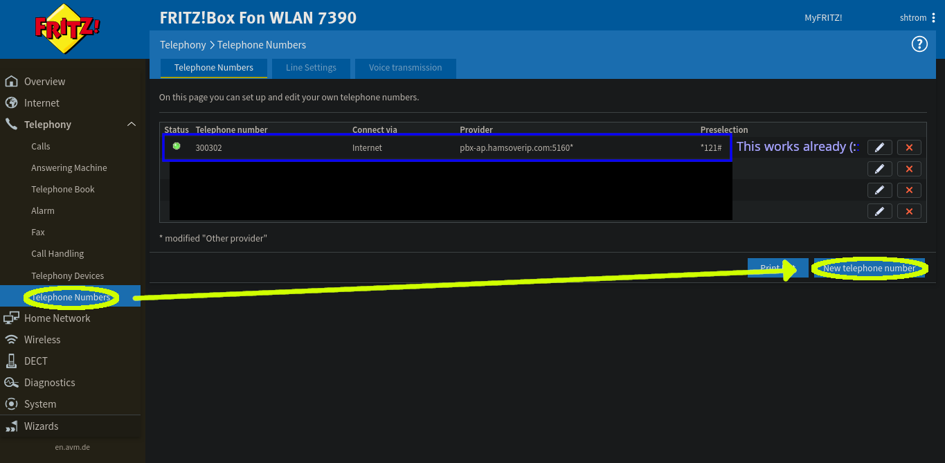 Screenshot of the FRITZ!Box Telephony admin page for Telephone Numbers
