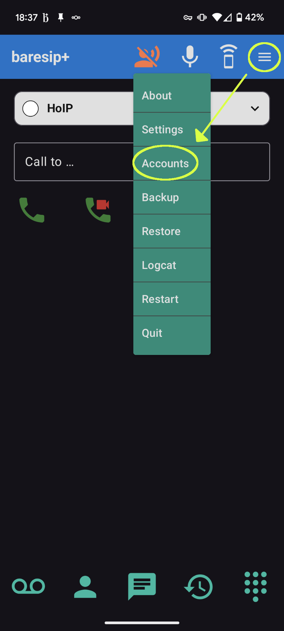 Screenshot of the main window of baresip, with the menu to choose to create new account