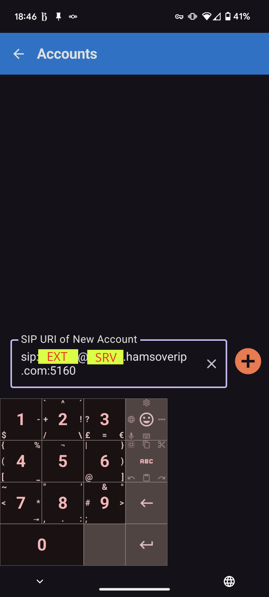 Screenshot of the Accounts window of baresip, with an example of a SIP URI for a new account
