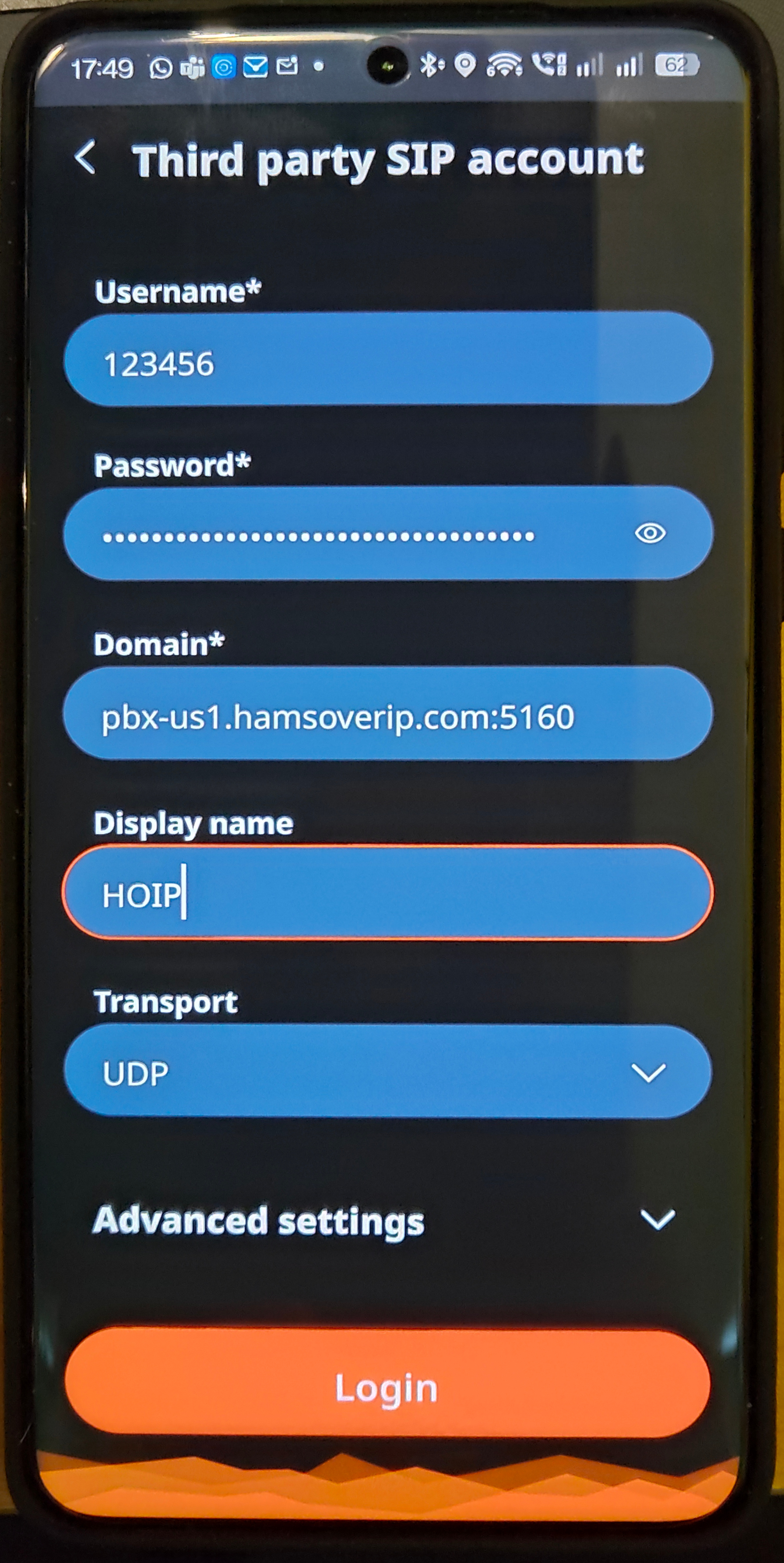 Photo of Linphone settings on an Android device