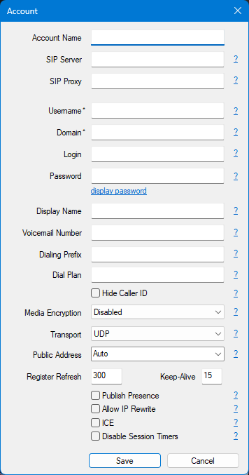 Screenshot of the Account MicroSIP window Screenshot of the Account MicroSIP window