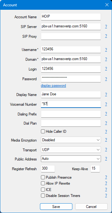 Screenshot of an example account in MicroSIP Screenshot of an example account in MicroSIP