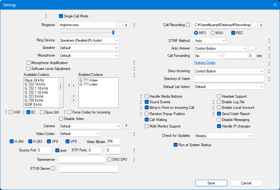 Screenshot of Settings window in MicroSIP Screenshot of the Settings window in MicroSIP