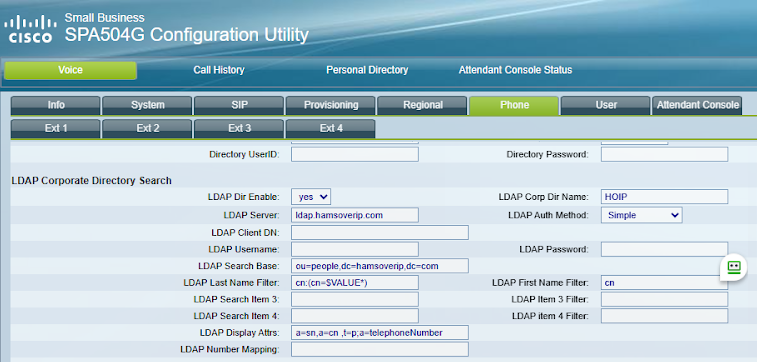 Image of a Cisco SPA504 web interface, showing LDAP settings