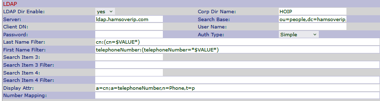 Image of a Cisco SPA525G2 web interface, showing LDAP settings