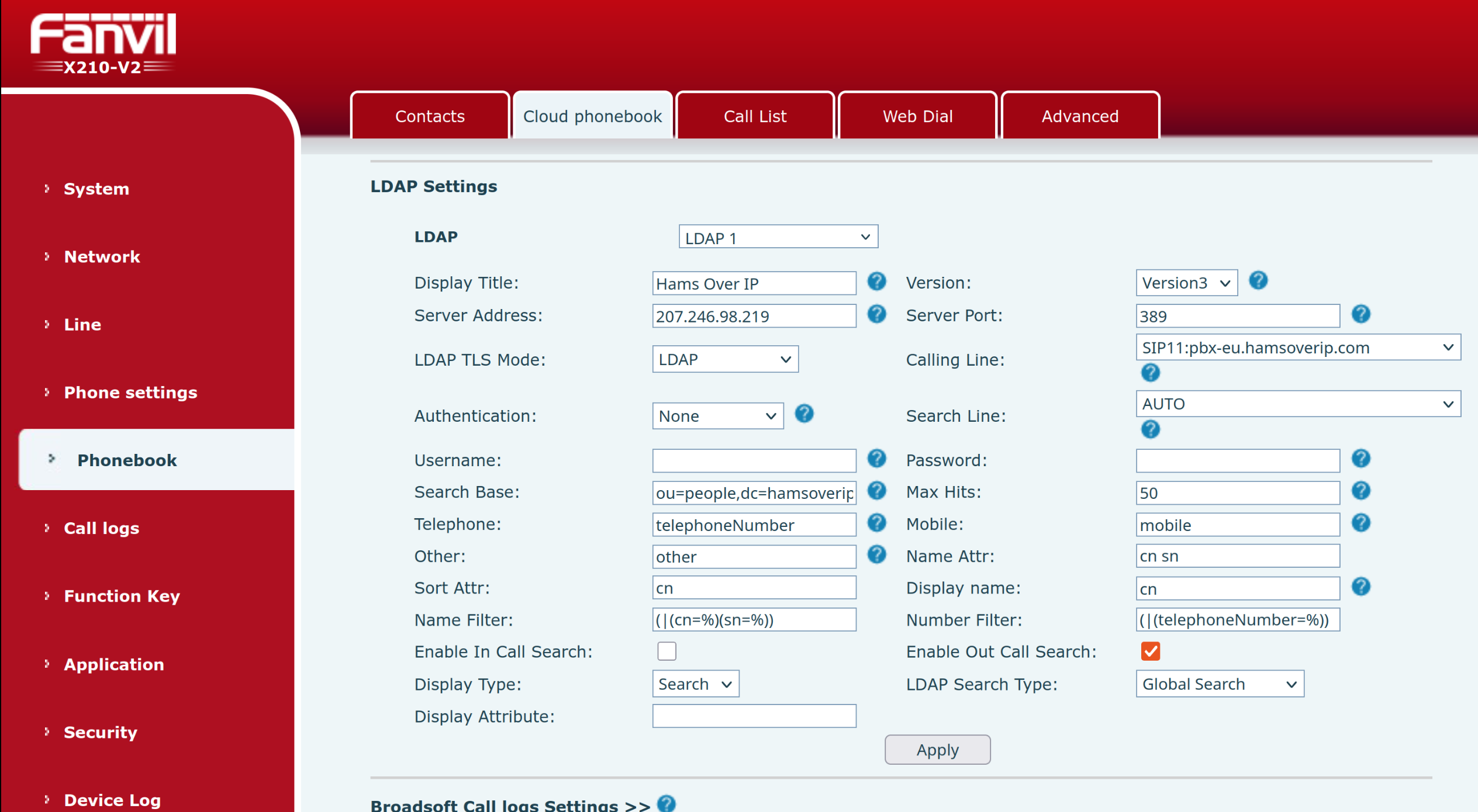 Image of a Fanvil X210-V2 web interface, showing LDAP settings
