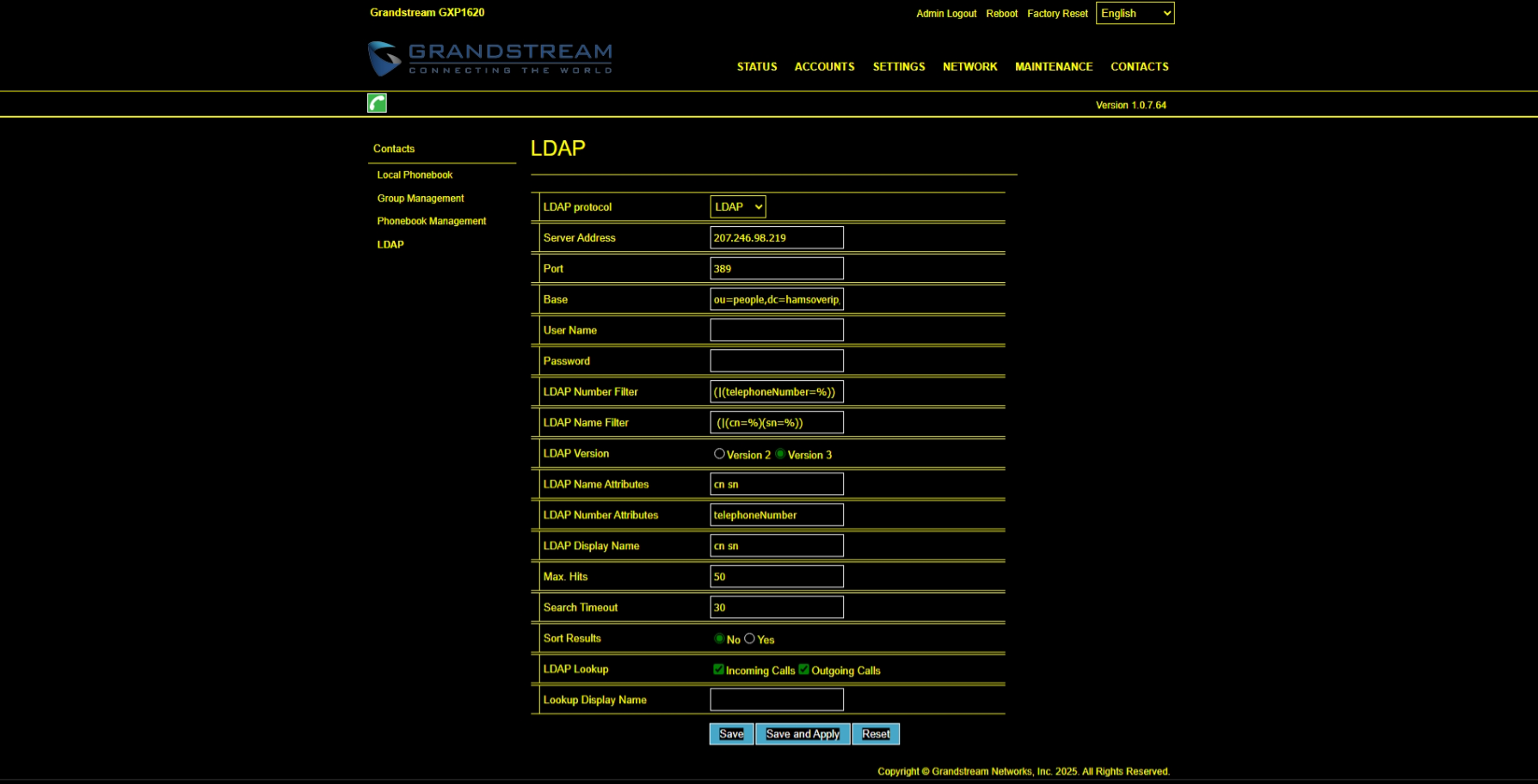 Image of a Grandstream GXP1620 web interface, showing LDAP settings